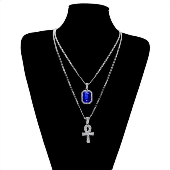💝 Silver Necklaces with Blue Sapphire Gemstone and Iced Out Gold Cross Pendant - Picture 1 of 3